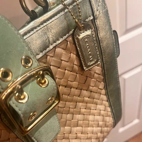 Coach Woven Straw Rattan Leather Suede Gold Metallic Trim Tote Shoulder Bag - Picture 2 of 9